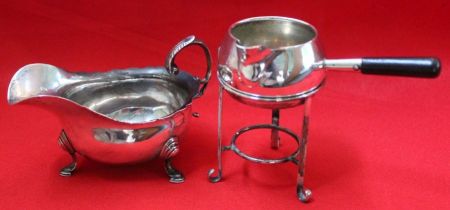 Silver brandy warmer on stand ( no burner ) and a silver sauce boat, 165g