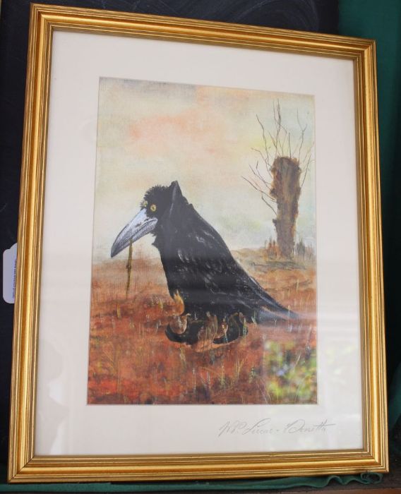 A gilt framed watercolour of a comical bird with boots on, signed W Lucas Donetta