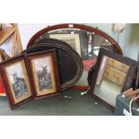 An Edwardian oval framed wall mirror, other mirrors, Pair of framed Stag prints and an oval tin tray