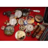 A silver handled knife and cake set together with a bag containing two pocket watches, two nurses wa