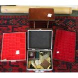 A metal box containing medallions & coins, farthings, crowns, together with a wooden coin cabinet, t