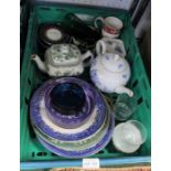 A crate containing a Royal Worcester Blue Dragon tea pot and other similar items