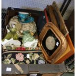 A tray box containing two Royal Doulton figurines, wall tapestries & assorted wall hangings