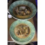 A mid 19th century Prattware comport & four plates decorated, After Mulready,