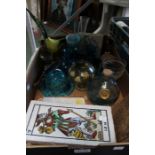 A box of decorative glassware & vintage tiles