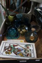 A box of decorative glassware & vintage tiles
