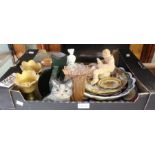 A tray of useful and decorative items to include Cat Bookends