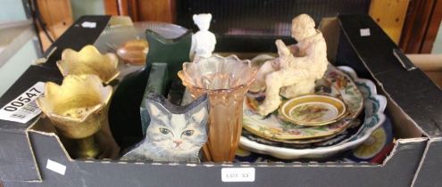 A tray of useful and decorative items to include Cat Bookends