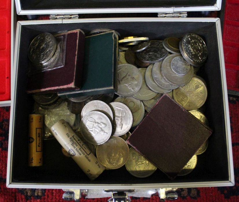 A metal box containing medallions & coins, farthings, crowns, together with a wooden coin cabinet, t - Image 2 of 2