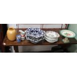 Nine items of English porcelain, pair of large blue & white comports, Spode side-plate, Poole potter