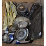 A box of domestic metalwares to include a silver scallop dish and many copper coins