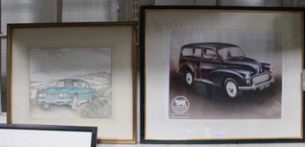 An illustration of a Morris 1000 Traveller and a Triumph Stag framed and glazed