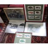 Five various framed and glazed vintage motorcar illustrations in a variety of medium