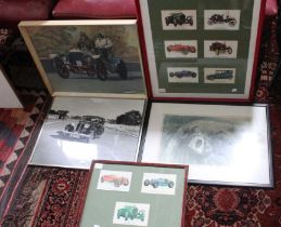 Five various framed and glazed vintage motorcar illustrations in a variety of medium