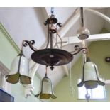 A Christopher Wray Nouveau design, copper finished hanging triple sconce ceiling light