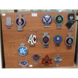 A presentation board of mounted metal motor club badges, Bugatti Owners amongst various others