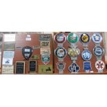 Three presentation boards mounted with a selection of car club membership badges various