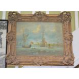 Reproduction canvas of a British sea port in a fancy gilt frame