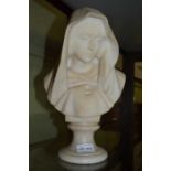 Carved Alabaster bust of The virgin Mary 33cm high inclusive of socle