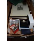 A box of watches, etchings, boxes etc