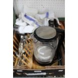 A box containing household items including cafetieres cutlery etc