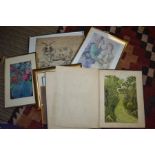 A Victorian book of watercolours - artist AB with other framed pictures and prints