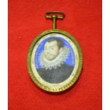 In the manner of Nicholas Hilliard, miniature portrait of a Courtly gentleman, wearing a ruff, with