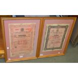 Two Russian Bond notes dated 1910 and 1914, mounted, glazed and framed