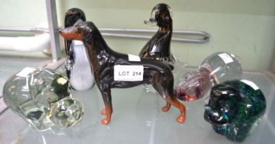 A Beswick Doberman and five glass animals various