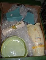 A box of 'Deco' design pottery to include a pair of metal mounted wall pockets