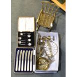 A selection of decorative brassware together with a cased set of silver coffee spoons