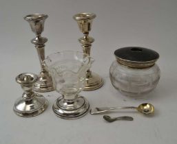 A pair of silver candlesticks 14cm high and other items various