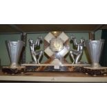 A good quality French Art Deco marble clock garniture with cast metal maidens