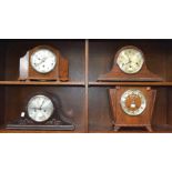 Two oak cased mantle clocks with two Napoleon hat mantle clocks (4)