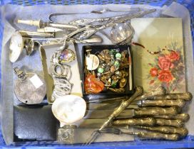 A box of miscellaneous items, includes silver plate and jewellery