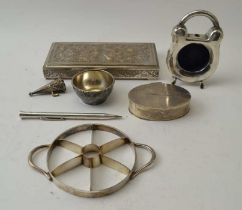 A silver padlock design pocket watch holder, a silver plated apple corer, etc