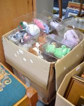 A box containing a large selection of "TY Beany Babies" in original display boxes