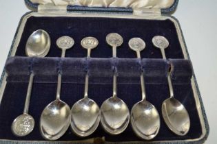 A cased set of six silver & enamel teaspoons, commemorating the Silver Jubilee, 1935