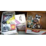 A box of collectors coins & commemorative tokens, a box of trinkets and a Kingavon revolving safety