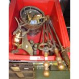 A crate of vintage brass wares to include fire irons, poker etc