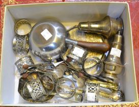 A box of mixed plated items including napkin rings salt and pepper etc