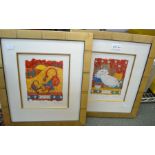 Helen Rhodes - a pair of limited edition cat prints framed and glazed