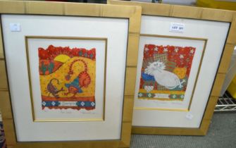 Helen Rhodes - a pair of limited edition cat prints framed and glazed