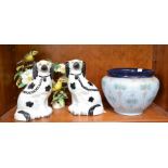 A pair of Staffordshire style dogs with two porcelain examples of Hooded Warblers plus