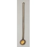 A half sovereign set into a 9ct gold pendant mount upon a 9ct gold chain, gross weight 19g