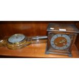 Oak mantel clock and a vintage barometer/thermometer with presentation plaque