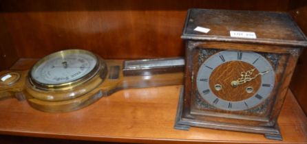 Oak mantel clock and a vintage barometer/thermometer with presentation plaque