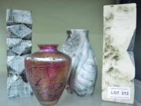 Three modernist Cornish porcelain vases and a small lustre glass vase