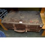 Vintage tan suitcase containing four play worn soft toys