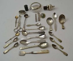 A silver Caddy spoons with various other items
